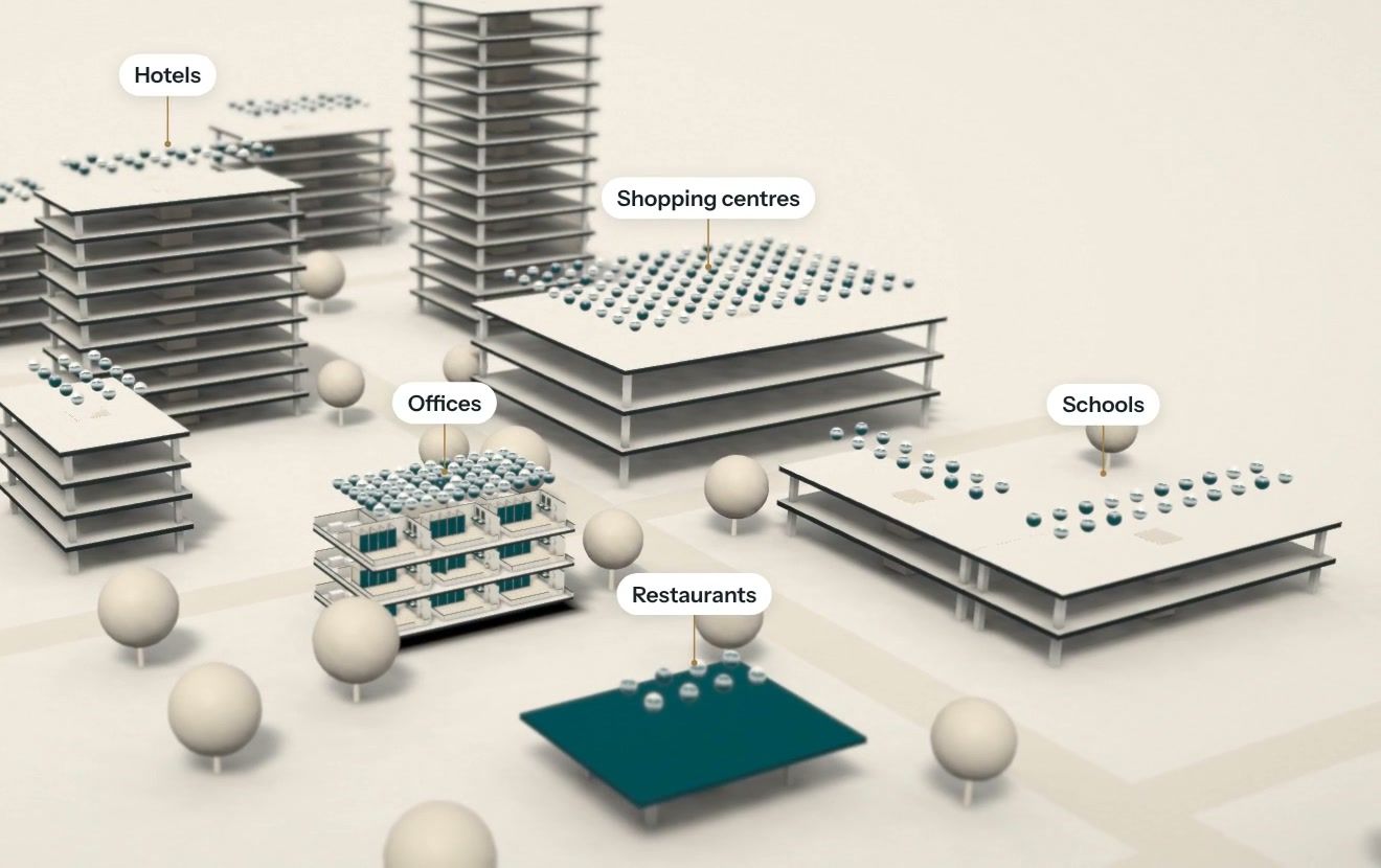 A miniature city with hotels, shopping centres, offices, schools and restaurants.
